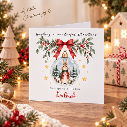 Personalised Christmas card for Boys – Red Bunny in a Christmas Bauble