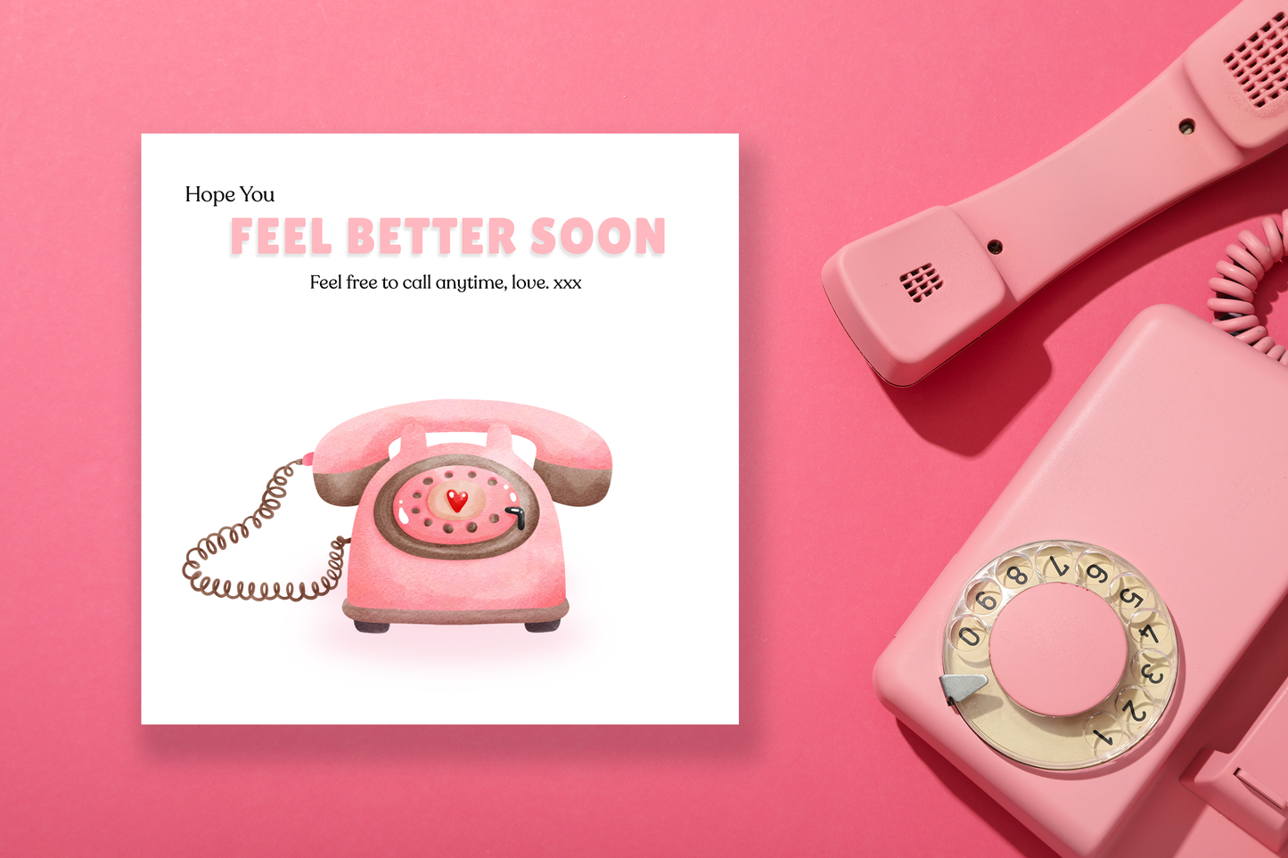 Give Me a Ring - Hope You Feel Better Soon Card with Vintage Pink Phone, Get Well Soon, Sentimental Encouragement,Stay in Touch & Support Card for Friends, Family, Loved Ones - Pink Envelope Included