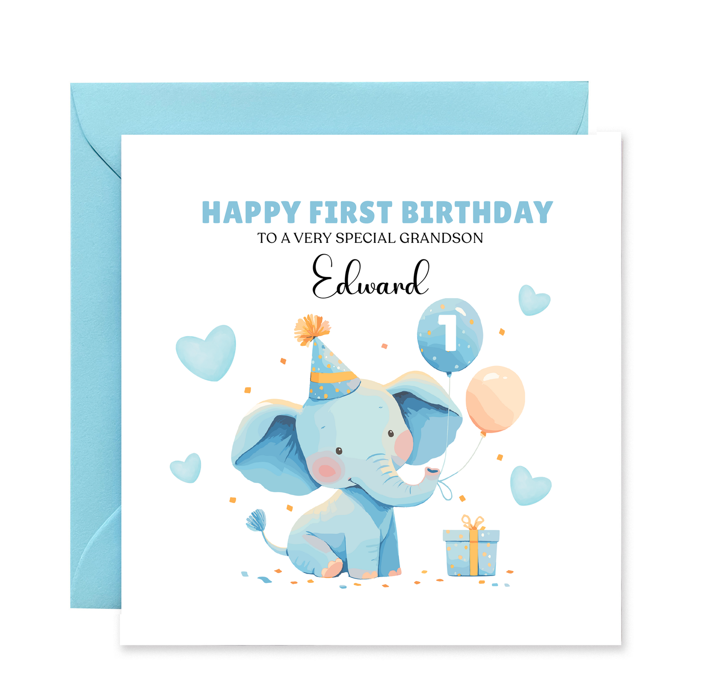 Personalised 1st Birthday Card for Baby Boy – Cute Blue Elephant Design with Custom Name and Message, Watercolour One Year Old First Birthday Card for Son, Grandson, Nephew– Blue Envelope Included
