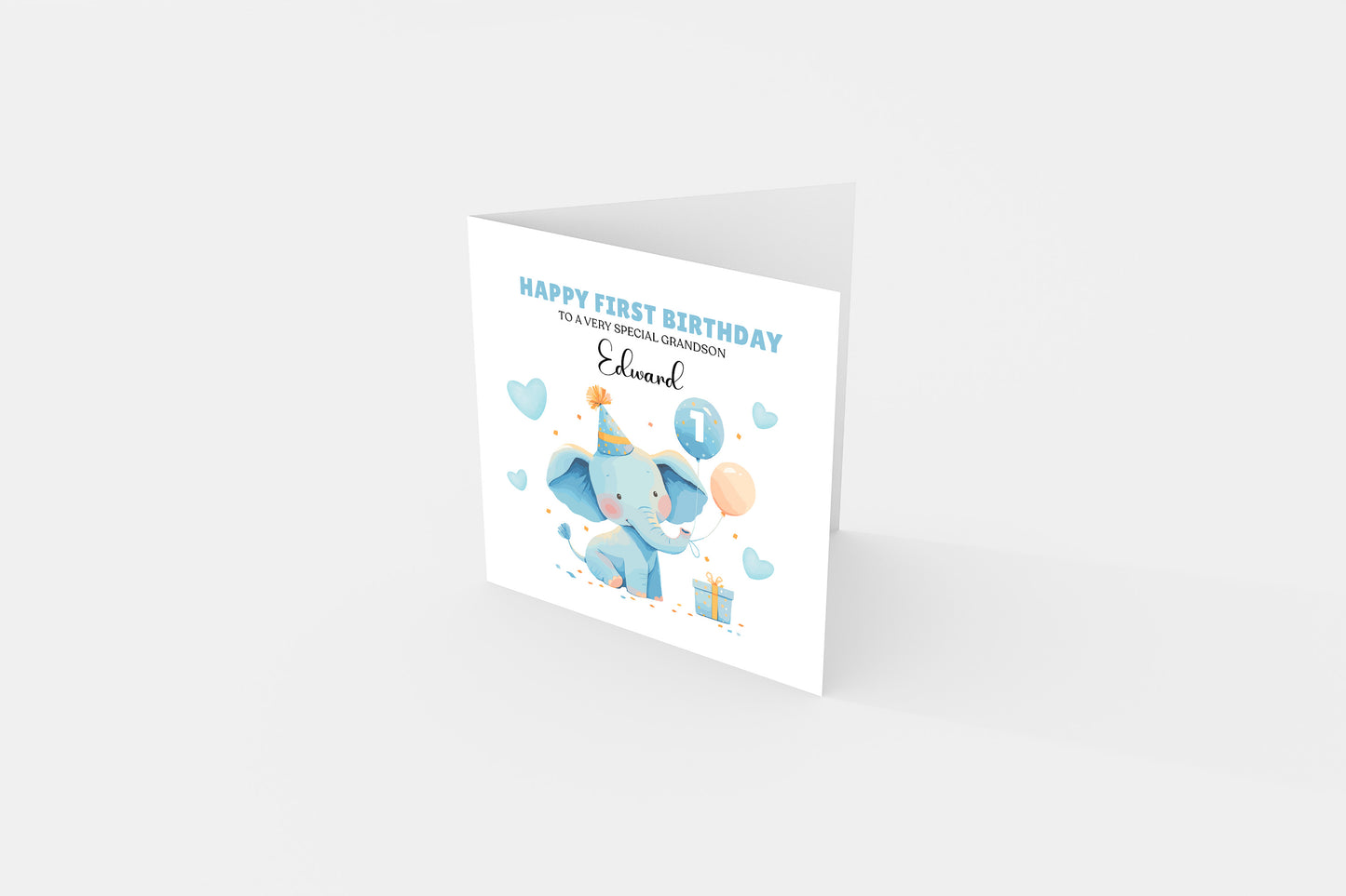 Personalised 1st Birthday Card for Baby Boy – Cute Blue Elephant Design with Custom Name and Message, Watercolour One Year Old First Birthday Card for Son, Grandson, Nephew– Blue Envelope Included
