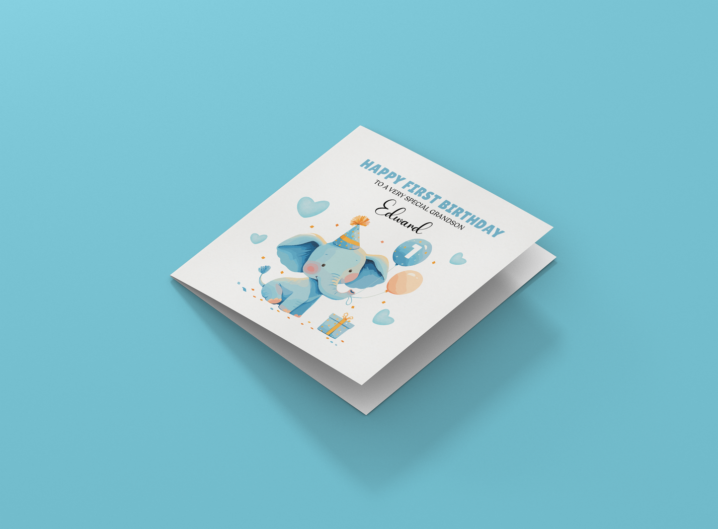 Personalised 1st Birthday Card for Baby Boy – Cute Blue Elephant Design with Custom Name and Message, Watercolour One Year Old First Birthday Card for Son, Grandson, Nephew– Blue Envelope Included