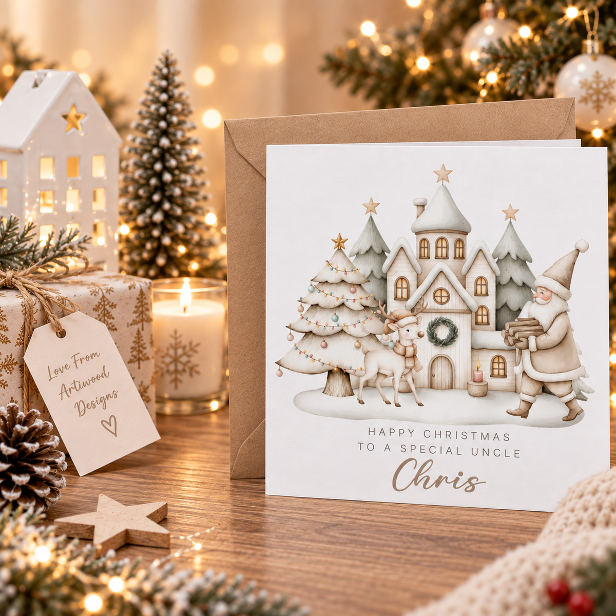 Personalised Beige Christmas Card for Kids – Santa & Reindeer