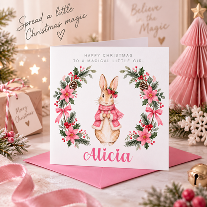 Personalised Christmas Card for Girls – Pink Festive Bunny and Xmas Wreath