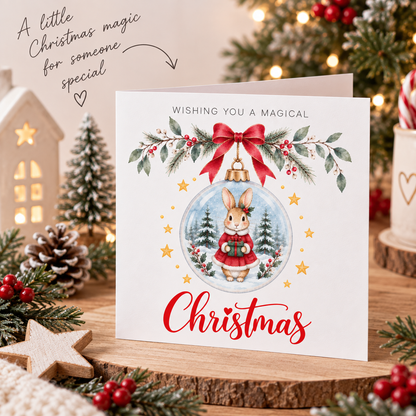 Festive Christmas card for Girls – Red Bunny in a Christmas Bauble