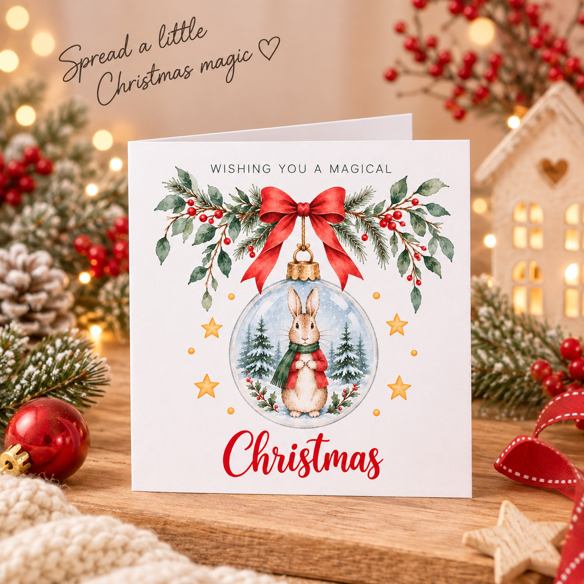Festive Christmas card for Boys – Red Bunny in a Christmas Bauble