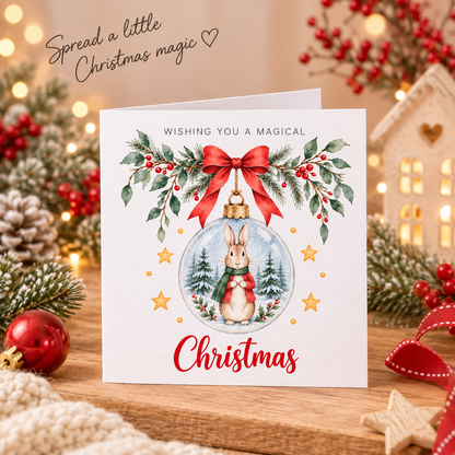 Festive Christmas card for Boys – Red Bunny in a Christmas Bauble