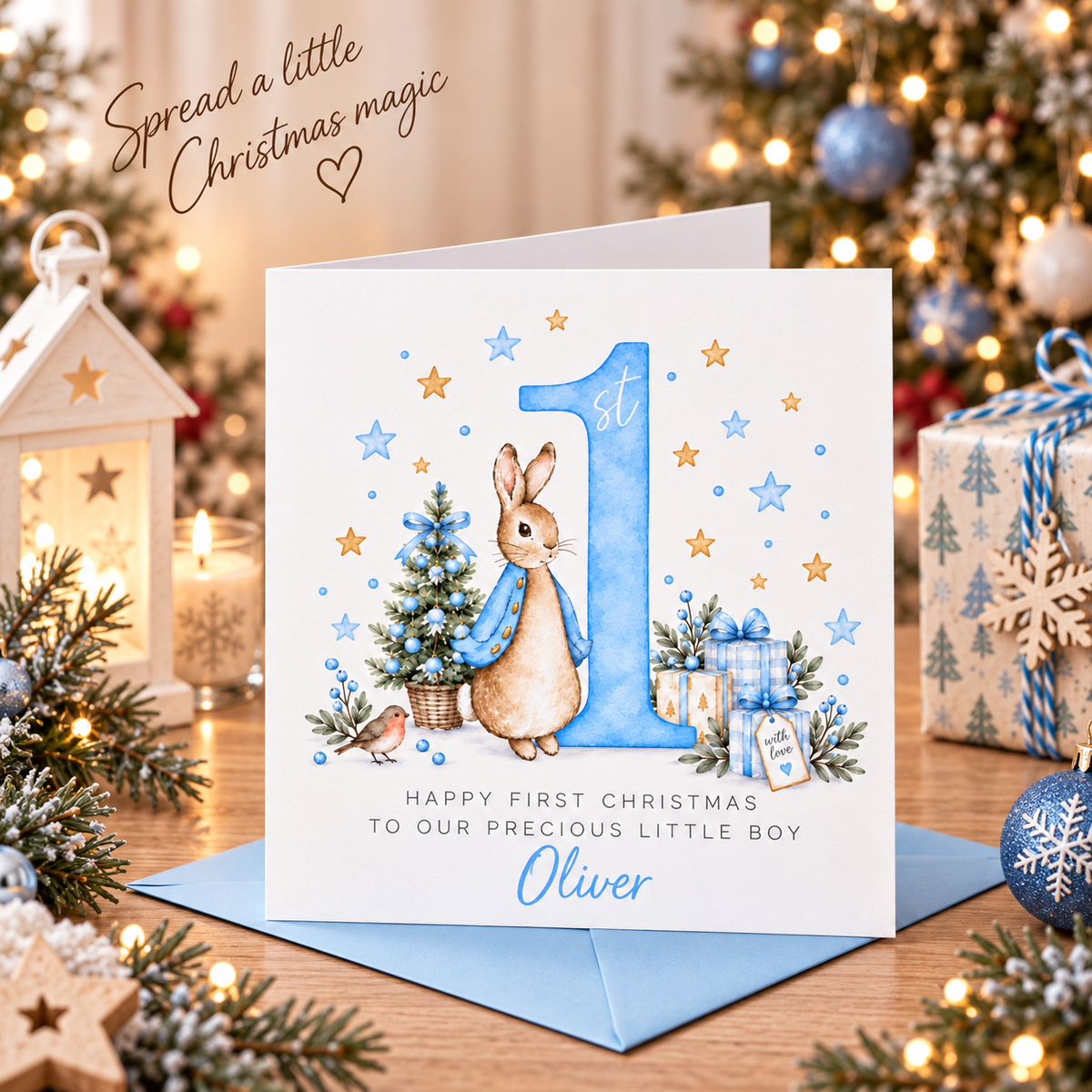 Personalised Christmas Card for Baby Boys – Cute Blue Rabbit and Number 1