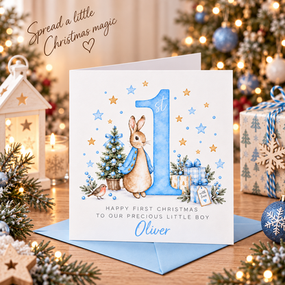 Personalised Christmas Card for Baby Boys – Cute Blue Rabbit and Number 1