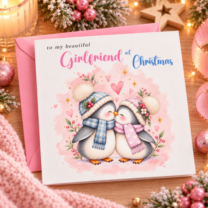 Merry Christmas Card for Girlfriend  – Cute Penguin Couple Christmas Card