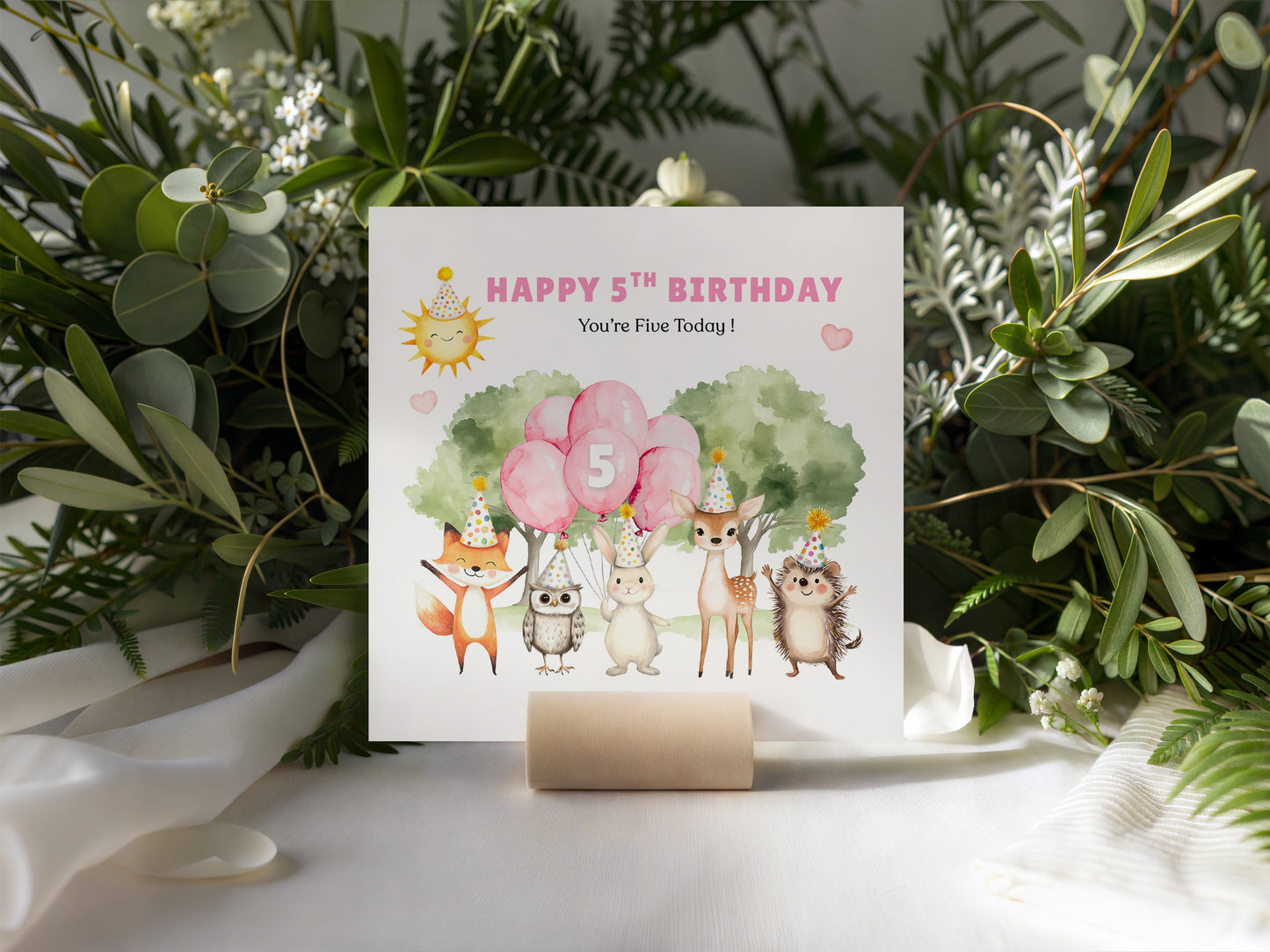 Woodland Animals 5th Birthday Card for Girls – Forest Animals Design Birthday Card for Age 5 Years Old Girl, Kids, Daughter, Granddaughter, Niece – Pink Envelope Included
