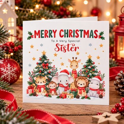 Jungle Animals Christmas Card for Sister - Cute Safari Animals Design