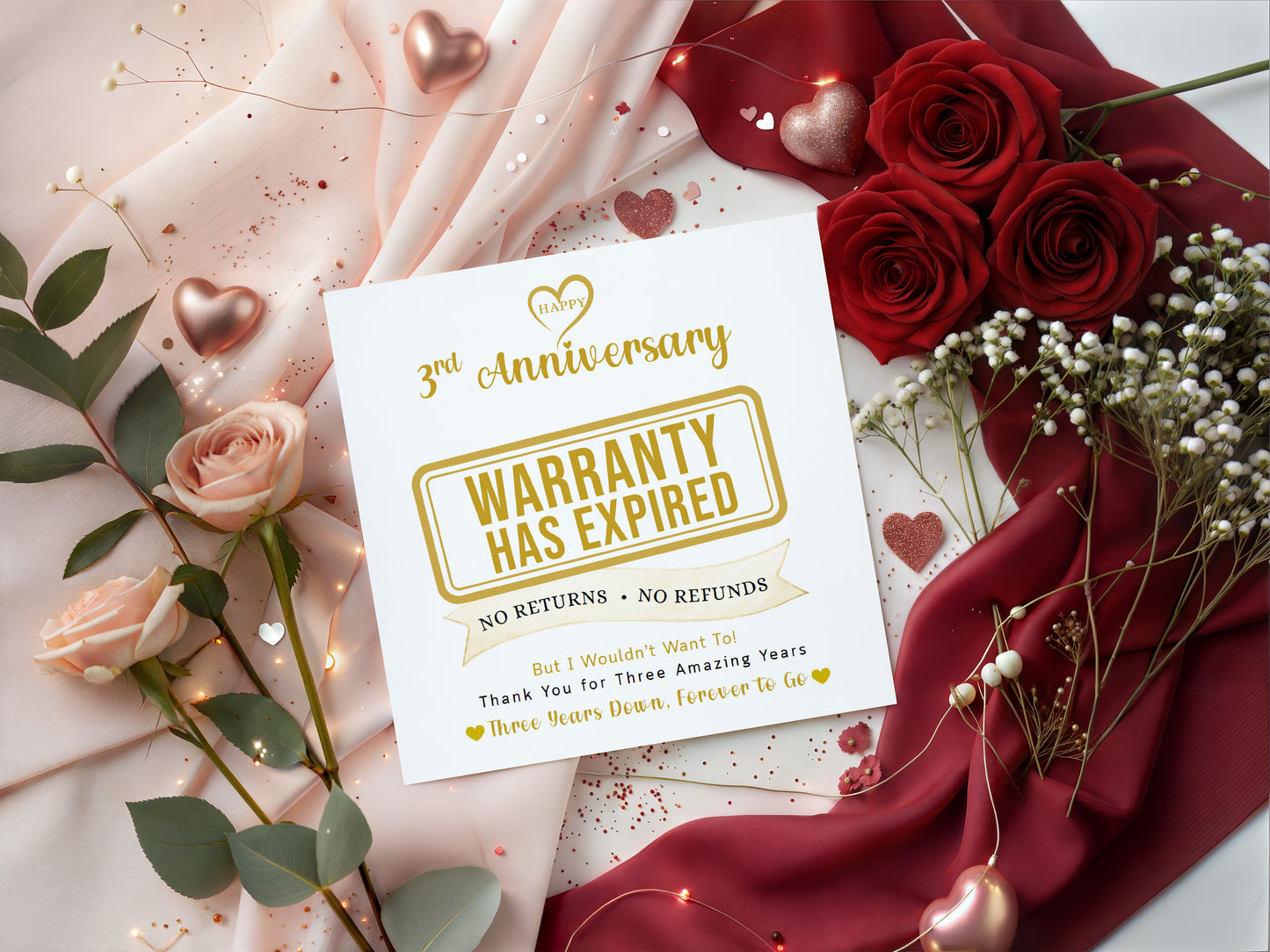 Funny 3rd Anniversary Card- Warranty Has Expired - Third 3 Year Wedding Anniversary Card – No Returns No Refunds Joke Card for Wife, Husband, Her, Him, Relationship Milestones - Gold Envelope Included