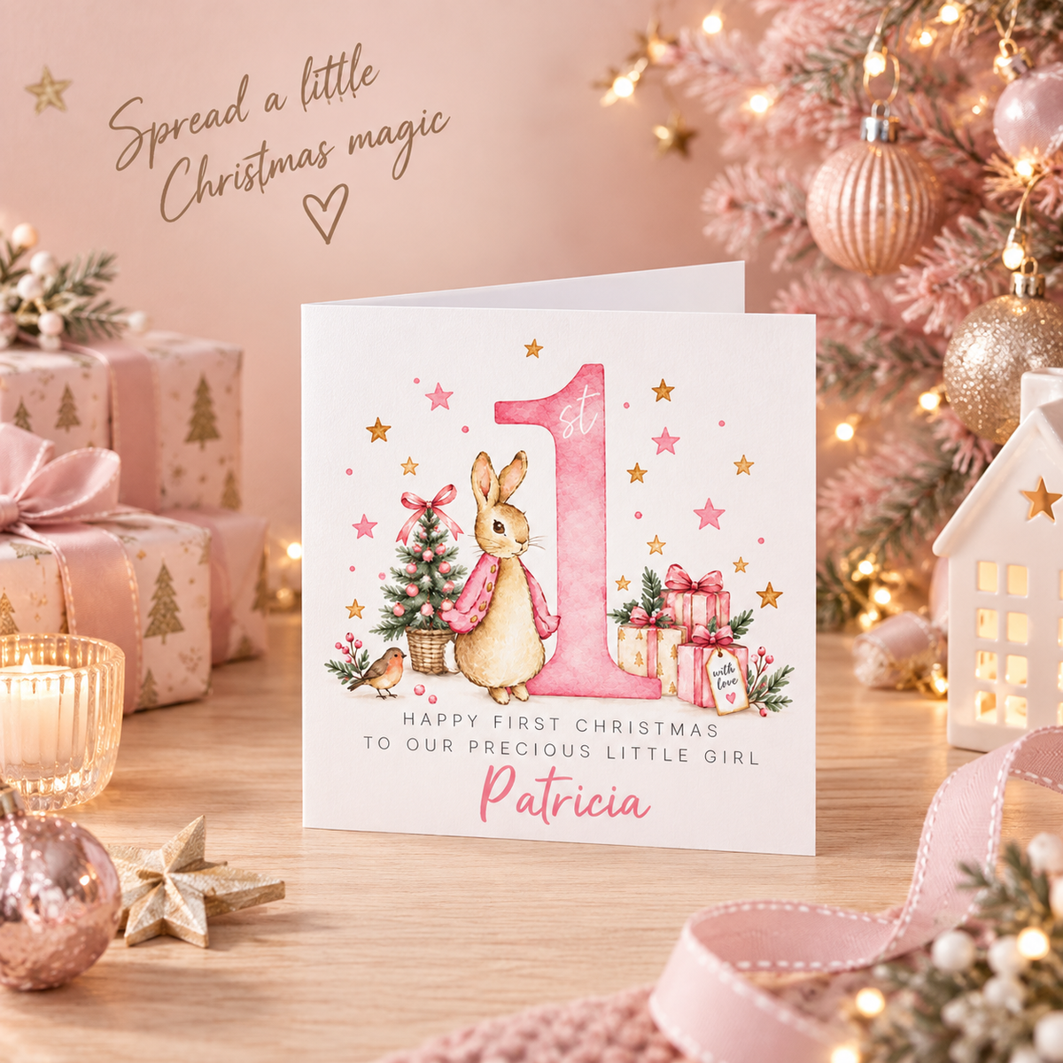 Personalised Christmas Card for Baby Girls – Cute Pink Rabbit and Number 1