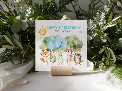 Woodland Animals 5th Birthday Card for Boys – Forest Animals Design Birthday Card for Age 5 Years Old Boy, Kids, Children, Son, Grandson, Nephew – Blue Envelope Included