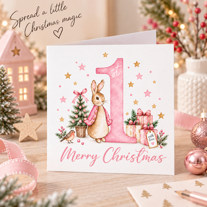 1st Christmas Card for Baby Girls – Cute Pink Rabbit and Number 1