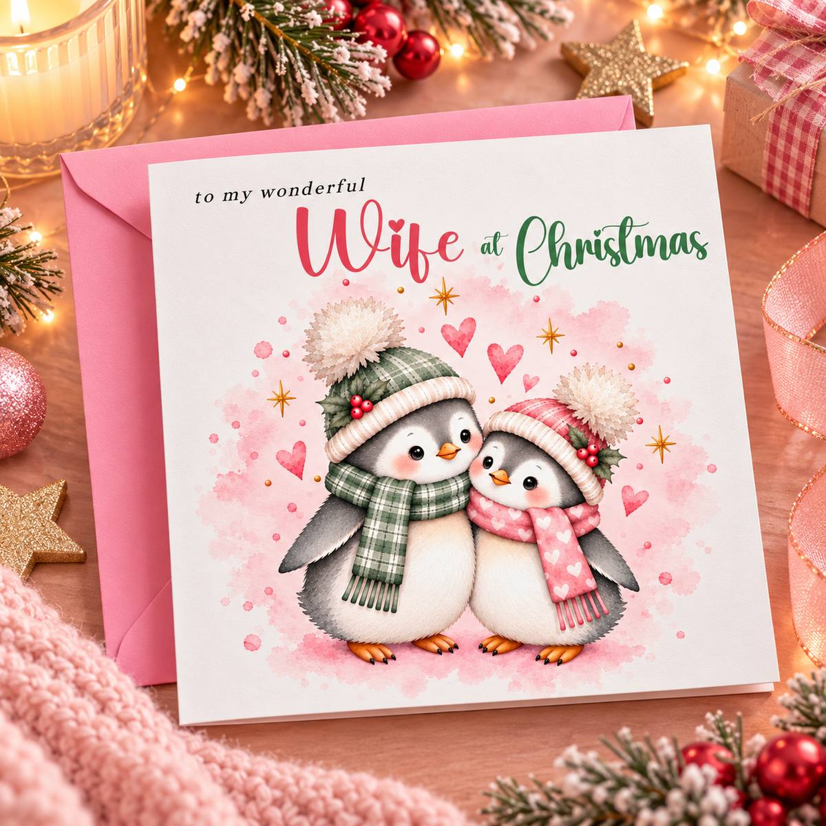 Merry Christmas Card for Wife  – Cute Penguin Couple Christmas Card