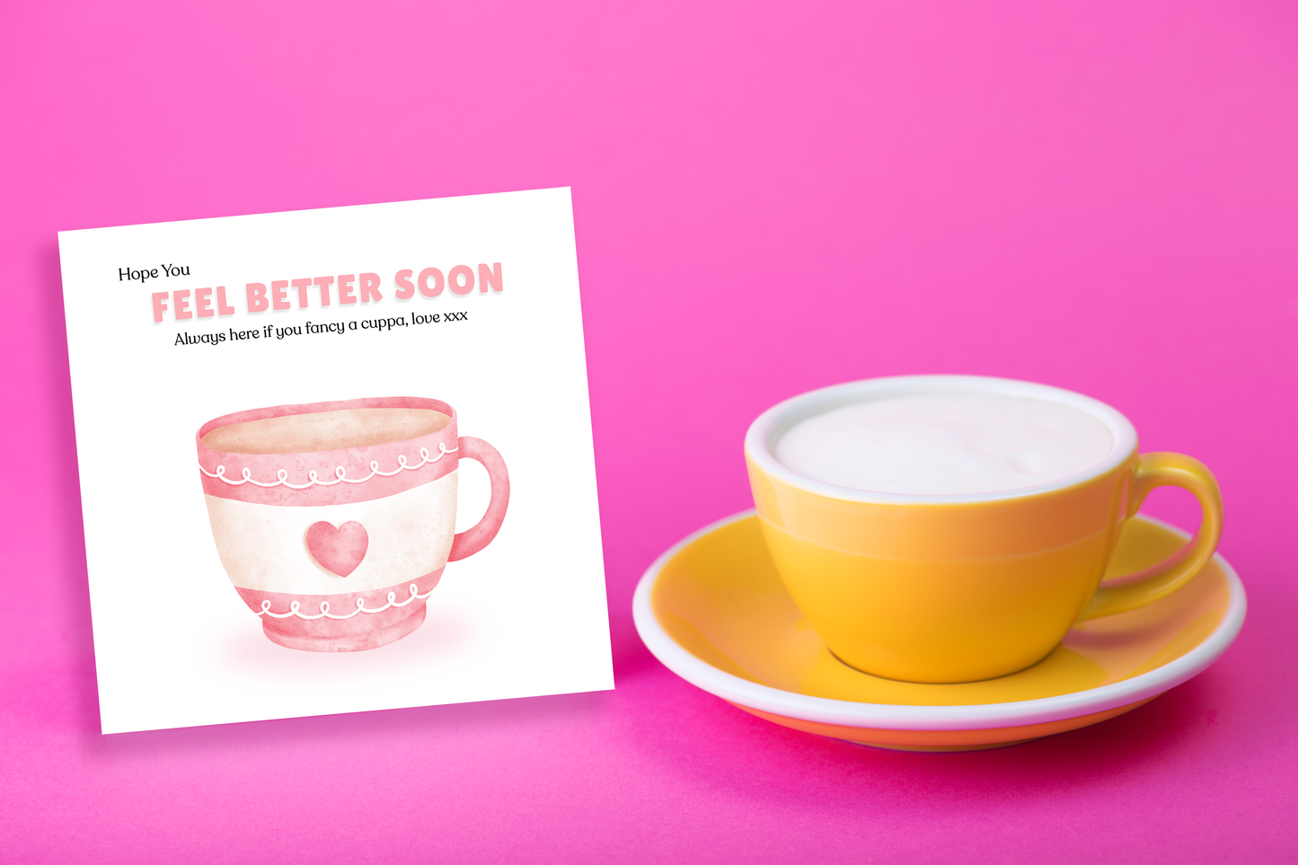 Hope You Feel Better Soon Card – Love Cuppa Get Well Soon Greeting Card with Pink Teacup – Thinking of You Sympathy, Support Card for Friends & Loved Ones - Pink Envelope Included