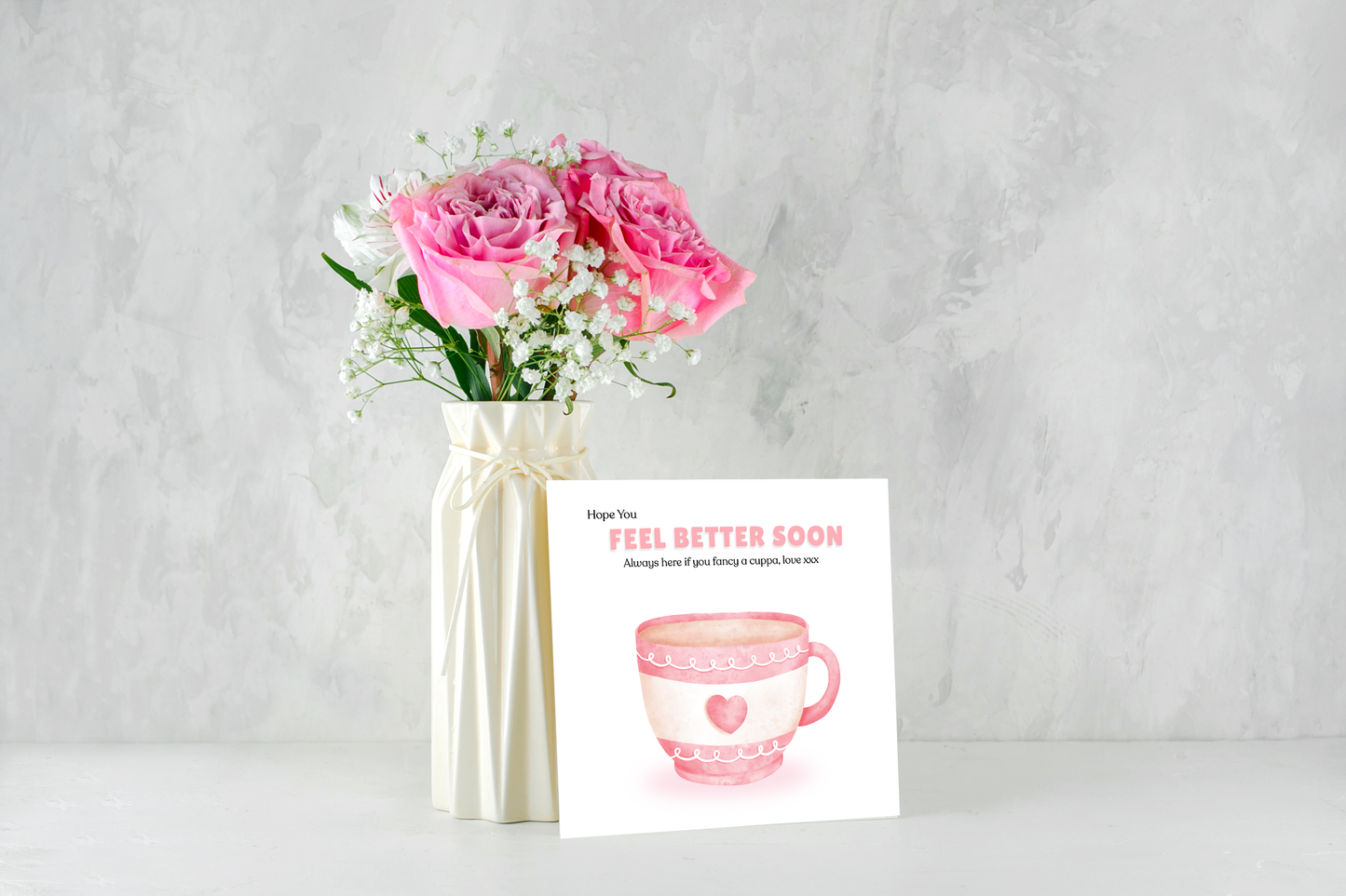 Hope You Feel Better Soon Card – Love Cuppa Get Well Soon Greeting Card with Pink Teacup – Thinking of You Sympathy, Support Card for Friends & Loved Ones - Pink Envelope Included