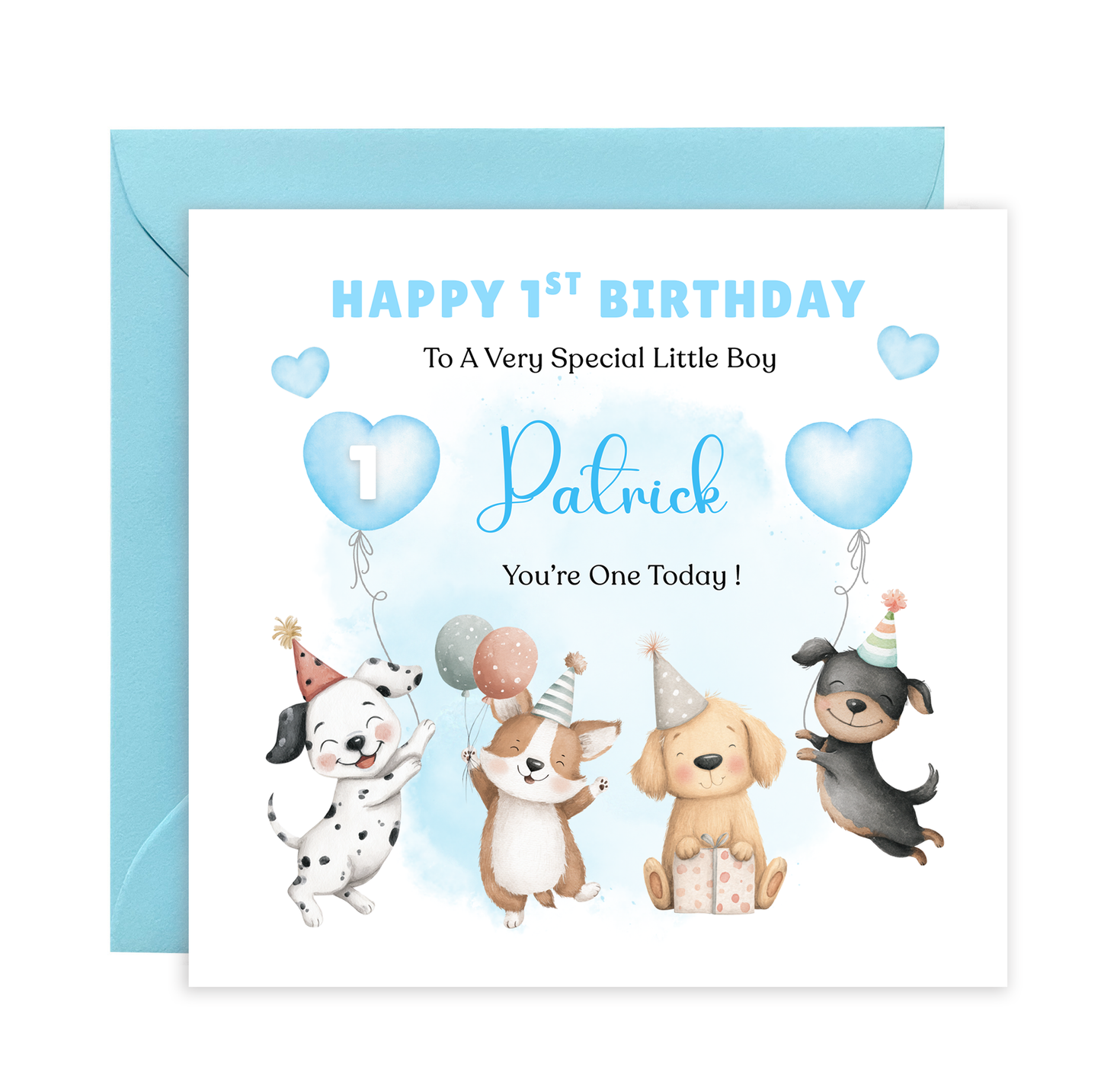 Personalised 1st Birthday Card for Baby Boy – Cute Puppy Dogs Design with Custom Name and Message, Watercolour First Birthday Card for Boy, Son, Grandson, Nephew– Blue Envelope Included