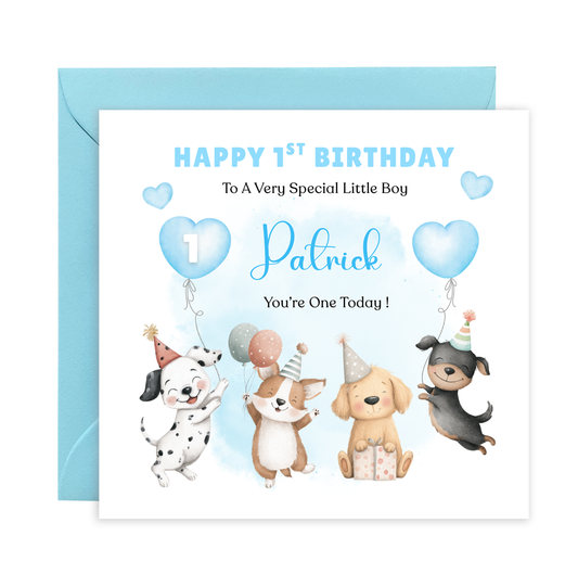 Personalised 1st Birthday Card for Baby Boy – Cute Puppy Dogs Design with Custom Name and Message, Watercolour First Birthday Card for Boy, Son, Grandson, Nephew– Blue Envelope Included