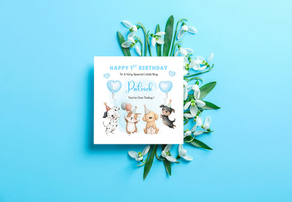 Personalised 1st Birthday Card for Baby Boy – Cute Puppy Dogs Design with Custom Name and Message, Watercolour First Birthday Card for Boy, Son, Grandson, Nephew– Blue Envelope Included