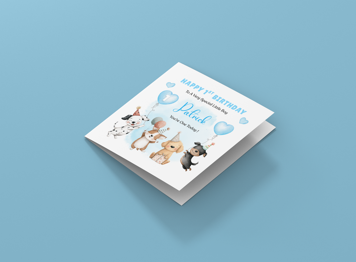 Personalised 1st Birthday Card for Baby Boy – Cute Puppy Dogs Design with Custom Name and Message, Watercolour First Birthday Card for Boy, Son, Grandson, Nephew– Blue Envelope Included