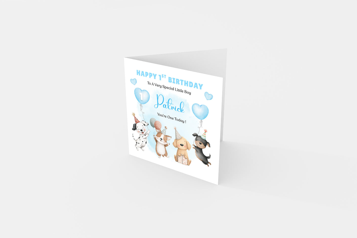 Personalised 1st Birthday Card for Baby Boy – Cute Puppy Dogs Design with Custom Name and Message, Watercolour First Birthday Card for Boy, Son, Grandson, Nephew– Blue Envelope Included