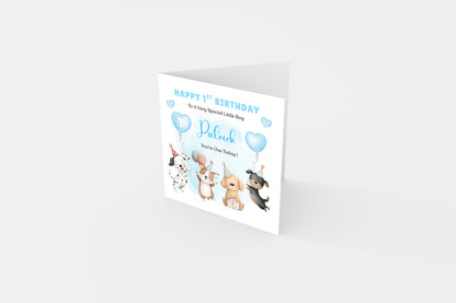 Personalised 1st Birthday Card for Baby Boy – Cute Puppy Dogs Design with Custom Name and Message, Watercolour First Birthday Card for Boy, Son, Grandson, Nephew– Blue Envelope Included