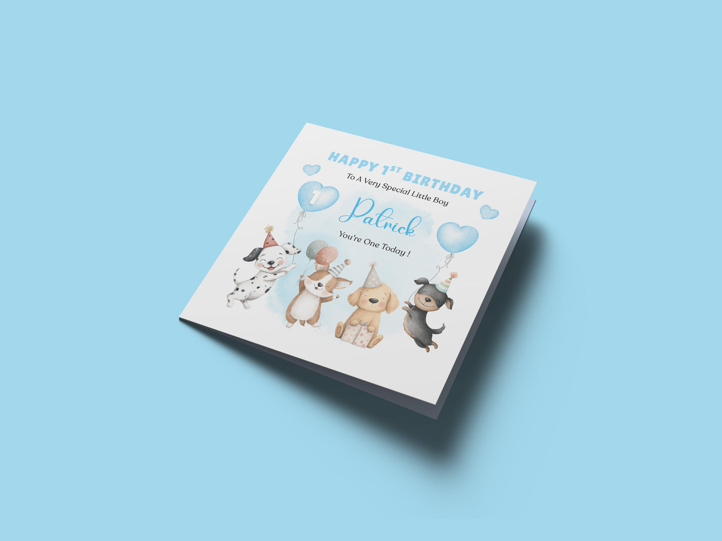 Personalised 1st Birthday Card for Baby Boy – Cute Puppy Dogs Design with Custom Name and Message, Watercolour First Birthday Card for Boy, Son, Grandson, Nephew– Blue Envelope Included