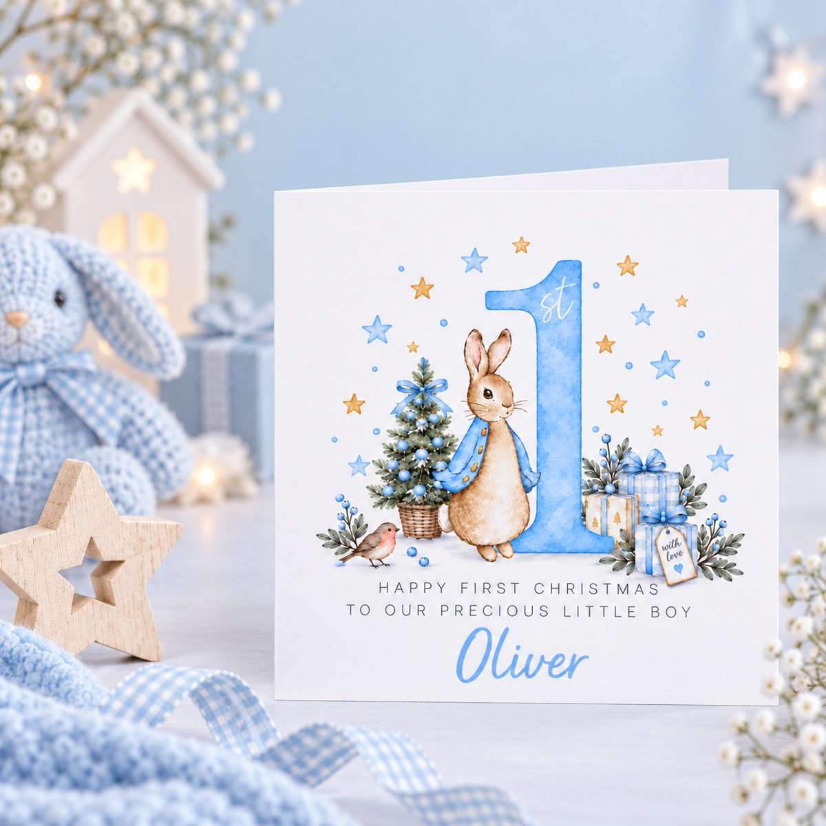 Personalised Christmas Card for Baby Boys – Cute Blue Rabbit and Number 1