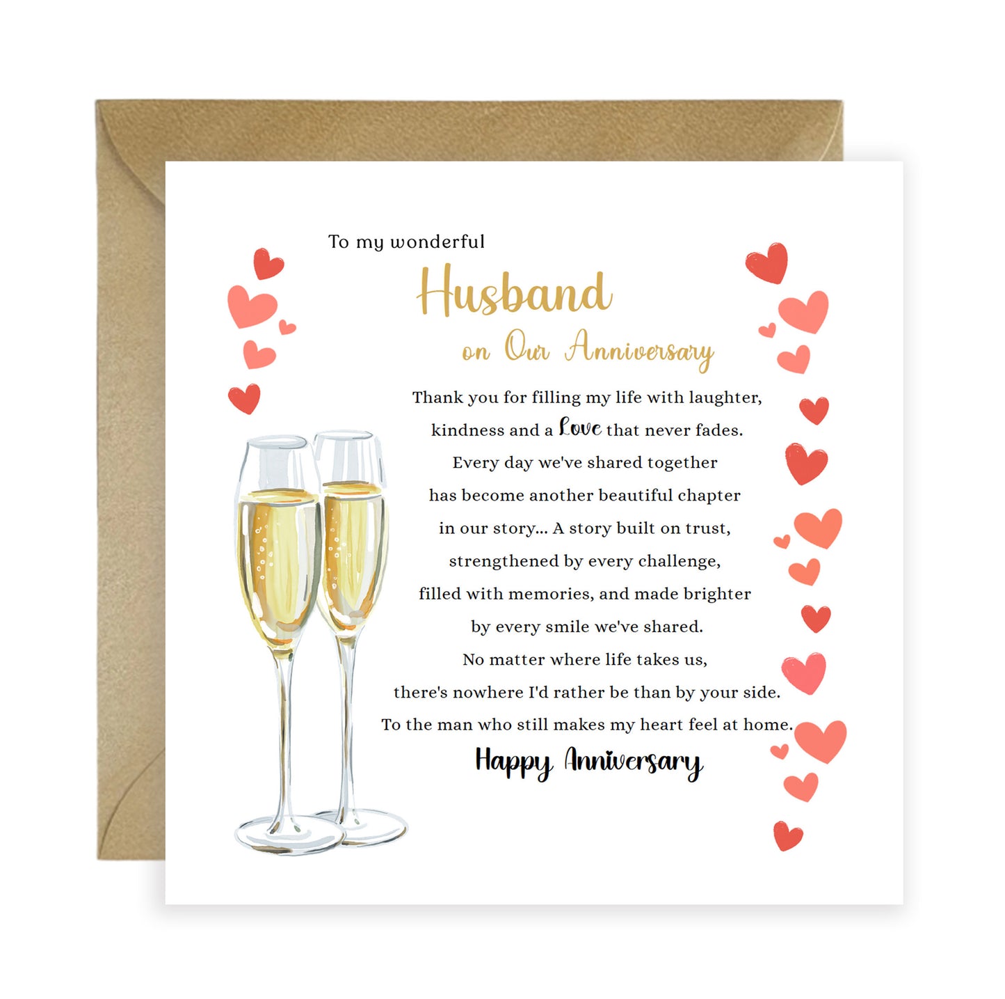 Luxury Champagne Glasses Anniversary Card for Husband - Romantic Anniversary Card for Him, Wedding, Dating, Relationship Milestones 1st, 2nd, 3rd, 5th, 10th, 20th 30th - Gold Envelope Included