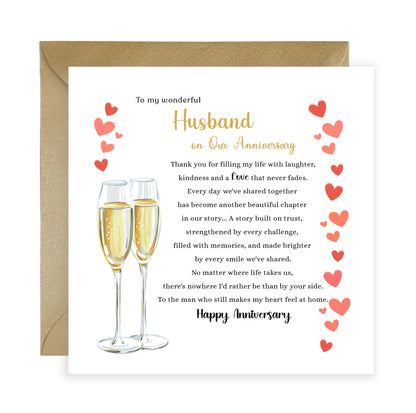 Luxury Champagne Glasses Anniversary Card for Husband - Romantic Anniversary Card for Him, Wedding, Dating, Relationship Milestones 1st, 2nd, 3rd, 5th, 10th, 20th 30th - Gold Envelope Included