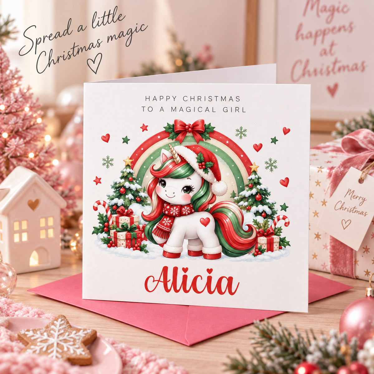 Personalised Christmas Card for Girls – Cute Magical Festive Unicorn