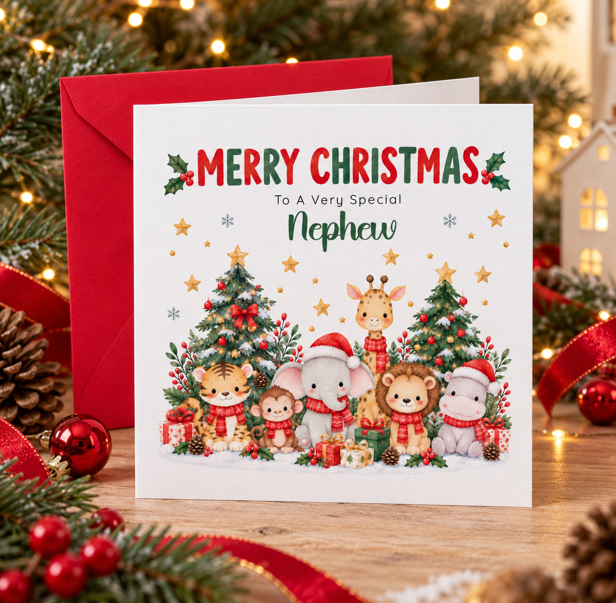 Jungle Animals Christmas Card for Nephew - Cute Safari Animals Design