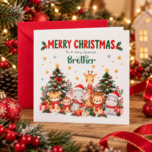Jungle Animals Christmas Card for Brother - Cute Safari Animals Design