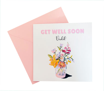 Cut Flowers in a Vase -Personalised Get Well Soon Folded Card, Thinking of You Card, Sympathy, Sorry for your Loss Folded Card