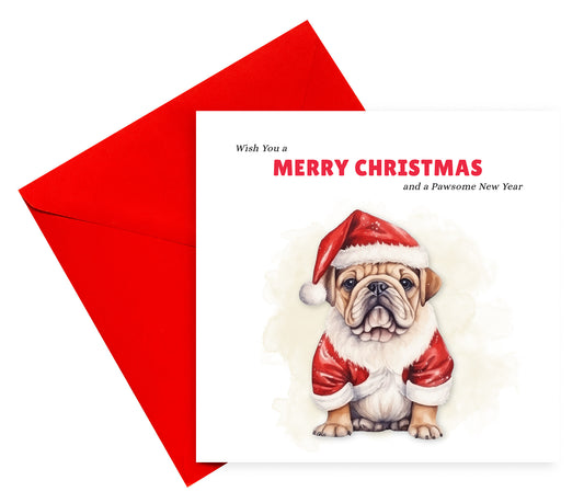 Merry Christmas Bulldog Xmas Greeting Card – Cute Dog in Santa Suit – Wish You Merry Christmas and a Pawsome New Year Card, Pun Xmas Card for Mum, Dad, Boyfriend, Girlfriend, Loved One – Red Envelope Included