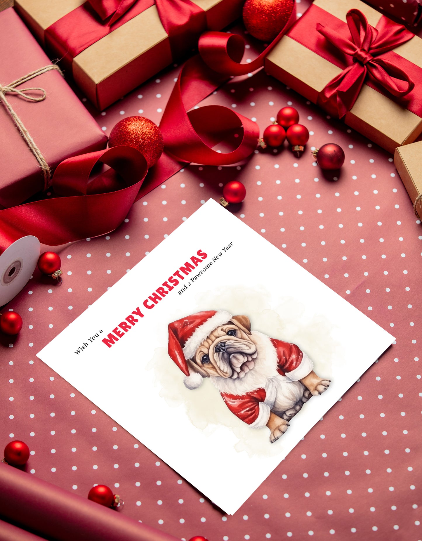 Merry Christmas Bulldog Xmas Greeting Card – Cute Dog in Santa Suit – Wish You Merry Christmas and a Pawsome New Year Card, Pun Xmas Card for Mum, Dad, Boyfriend, Girlfriend, Loved One – Red Envelope Included