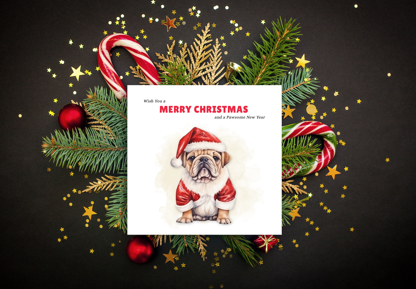 Merry Christmas Bulldog Xmas Greeting Card – Cute Dog in Santa Suit – Wish You Merry Christmas and a Pawsome New Year Card, Pun Xmas Card for Mum, Dad, Boyfriend, Girlfriend, Loved One – Red Envelope Included