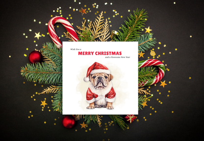 Merry Christmas Bulldog Xmas Greeting Card – Cute Dog in Santa Suit – Wish You Merry Christmas and a Pawsome New Year Card, Pun Xmas Card for Mum, Dad, Boyfriend, Girlfriend, Loved One – Red Envelope Included