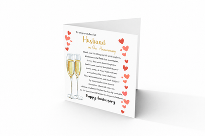 Luxury Champagne Glasses Anniversary Card for Husband - Romantic Anniversary Card for Him, Wedding, Dating, Relationship Milestones 1st, 2nd, 3rd, 5th, 10th, 20th 30th - Gold Envelope Included