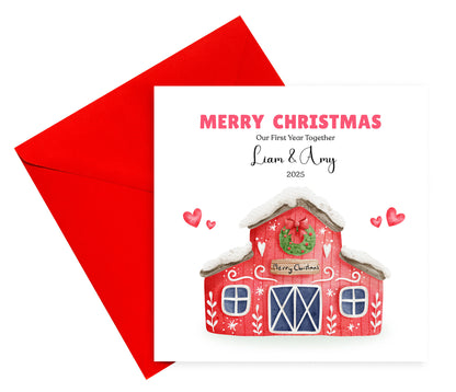 Personalised 1st Christmas Together Card – Watercolor Festive House with Christmas Wreath Design, Customised Name and Message, Xmas Card for Boyfriend, Girlfriend, Husband, Wife, Partners, Couples, Newlyweds – Red Envelope Included