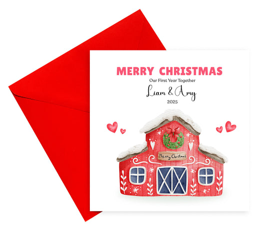 Personalised 1st Christmas Together Card – Watercolor Festive House with Christmas Wreath Design, Customised Name and Message, Xmas Card for Boyfriend, Girlfriend, Husband, Wife, Partners, Couples, Newlyweds – Red Envelope Included