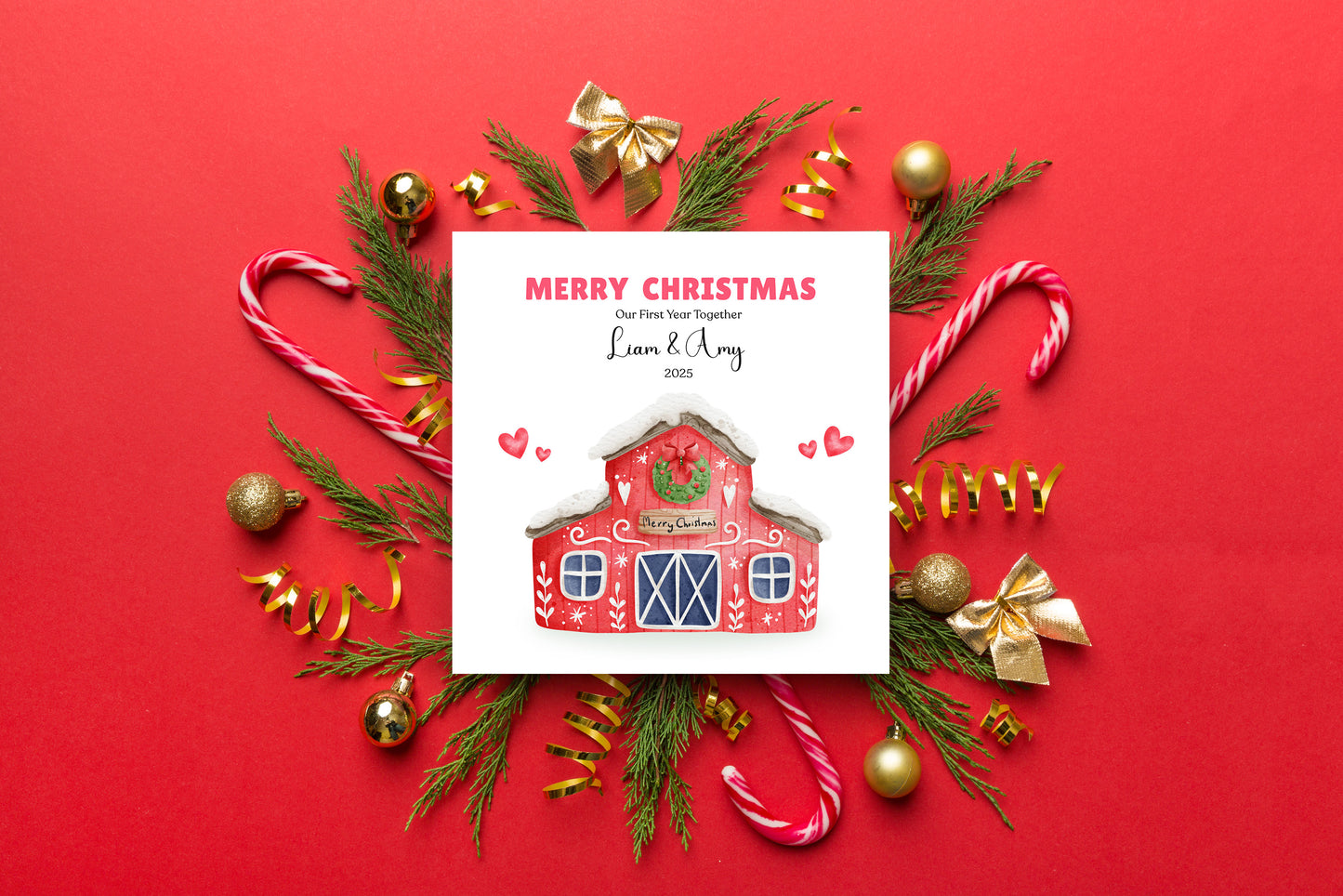Personalised 1st Christmas Together Card – Watercolor Festive House with Christmas Wreath Design, Customised Name and Message, Xmas Card for Boyfriend, Girlfriend, Husband, Wife, Partners, Couples, Newlyweds – Red Envelope Included
