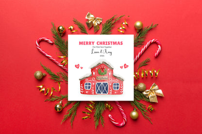 Personalised 1st Christmas Together Card – Watercolor Festive House with Christmas Wreath Design, Customised Name and Message, Xmas Card for Boyfriend, Girlfriend, Husband, Wife, Partners, Couples, Newlyweds – Red Envelope Included