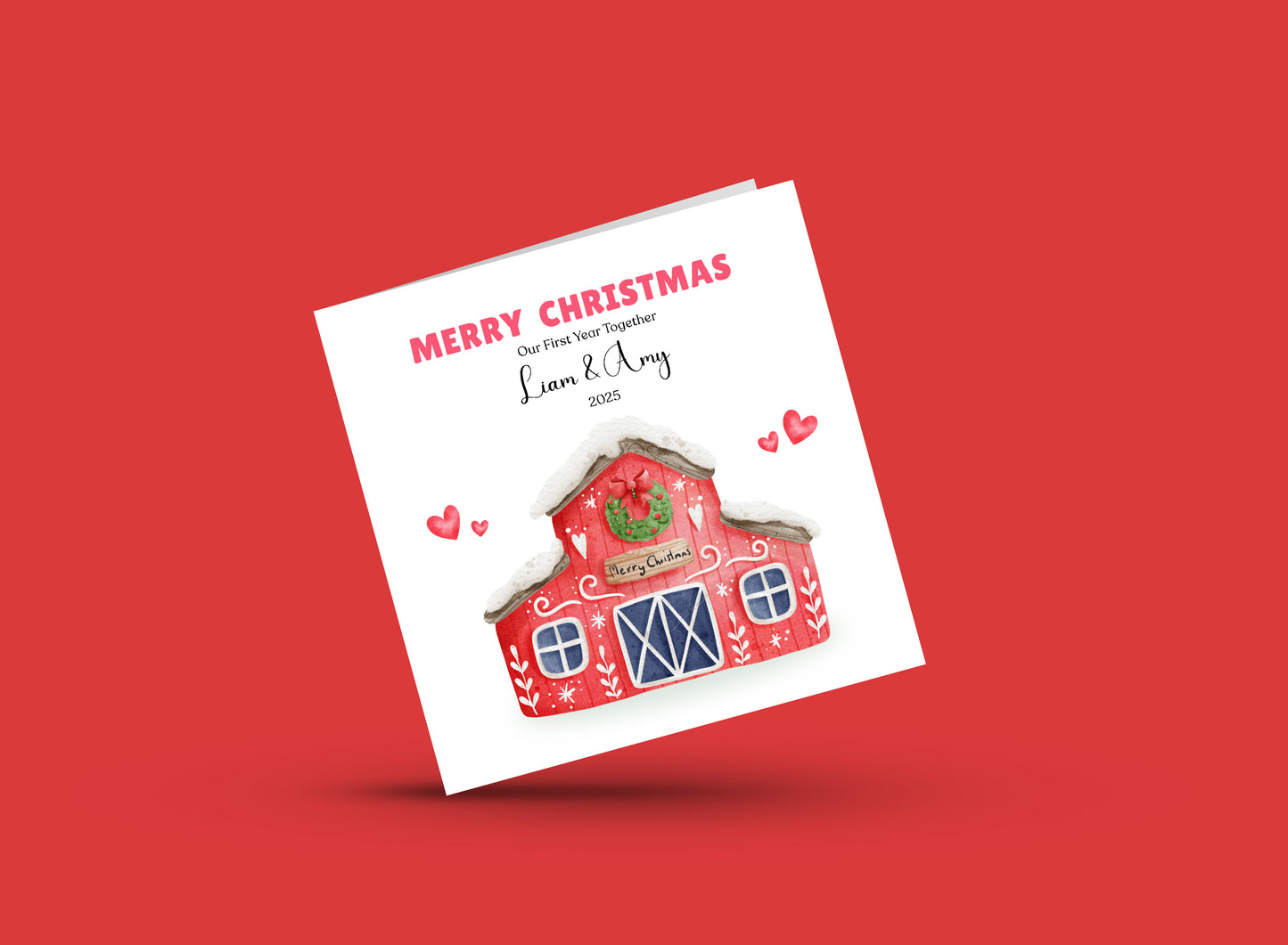 Personalised 1st Christmas Together Card – Watercolor Festive House with Christmas Wreath Design, Customised Name and Message, Xmas Card for Boyfriend, Girlfriend, Husband, Wife, Partners, Couples, Newlyweds – Red Envelope Included