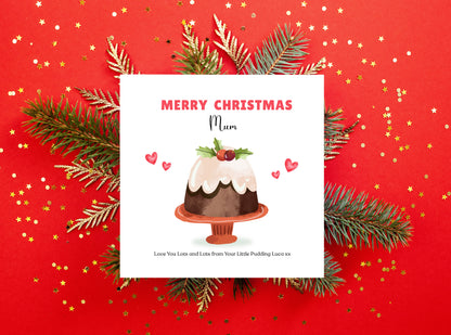 Personalised Christmas Card – Cute Xmas Pudding Design – Funny Festive Card – Customised Name and Message, Xmas Card for Mum, Dad, Boyfriend, Girlfriend, Loved One – Red Envelope Included