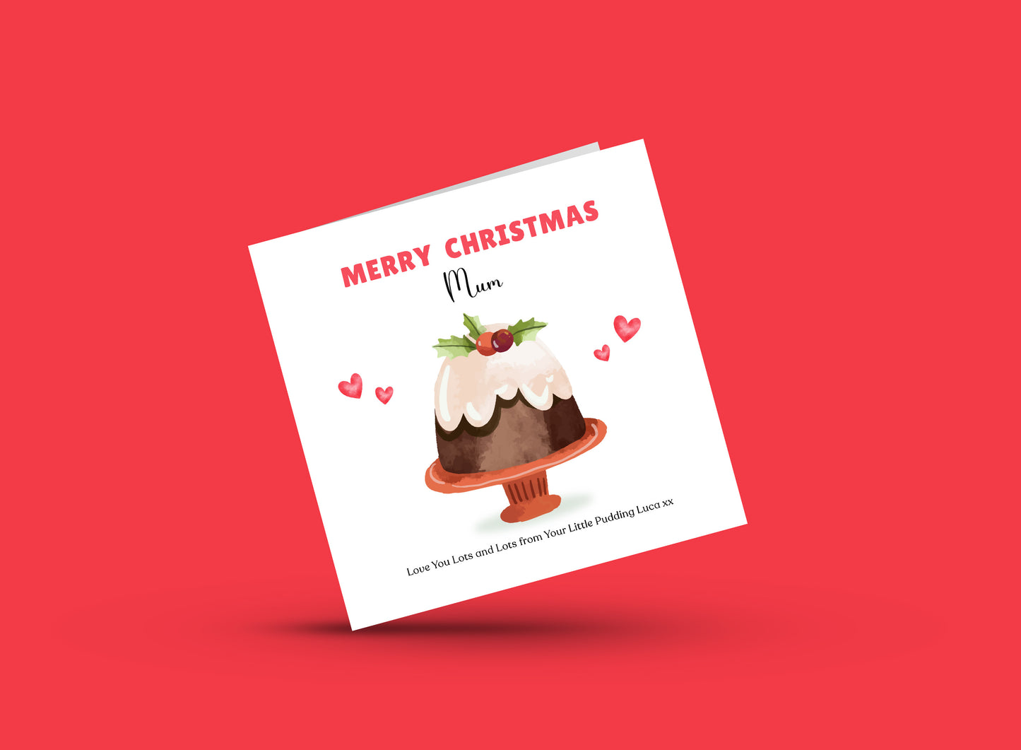 Personalised Christmas Card – Cute Xmas Pudding Design – Funny Festive Card – Customised Name and Message, Xmas Card for Mum, Dad, Boyfriend, Girlfriend, Loved One – Red Envelope Included