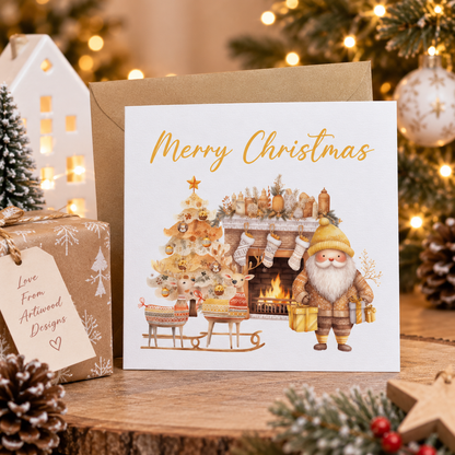 Golden Christmas Card for Kids – Santa & Reindeer
