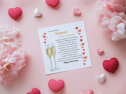 Luxury Champagne Glasses Anniversary Card for Husband - Romantic Anniversary Card for Him, Wedding, Dating, Relationship Milestones 1st, 2nd, 3rd, 5th, 10th, 20th 30th - Gold Envelope Included